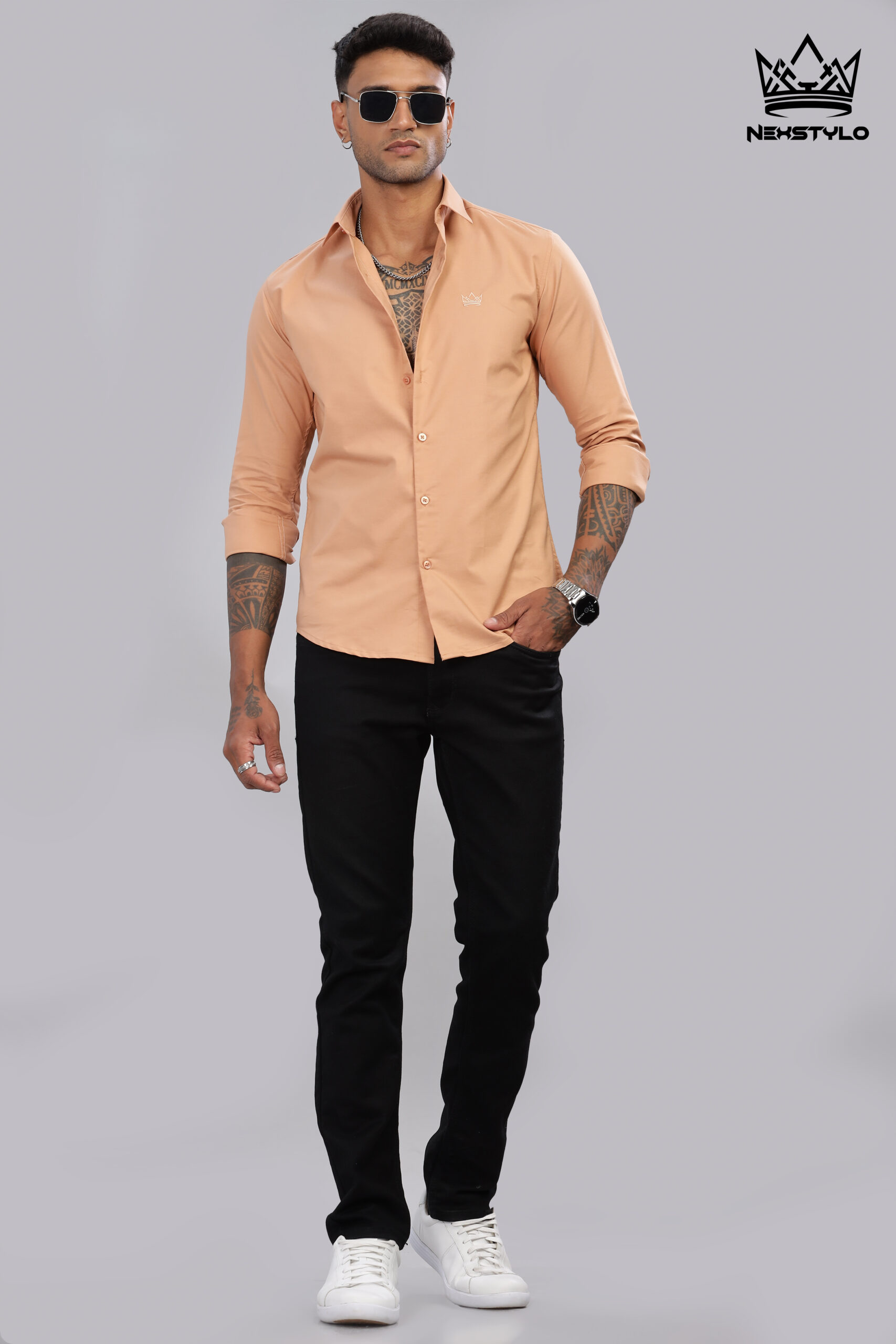 Plain Slim Fit Peach Shirt - Image 6