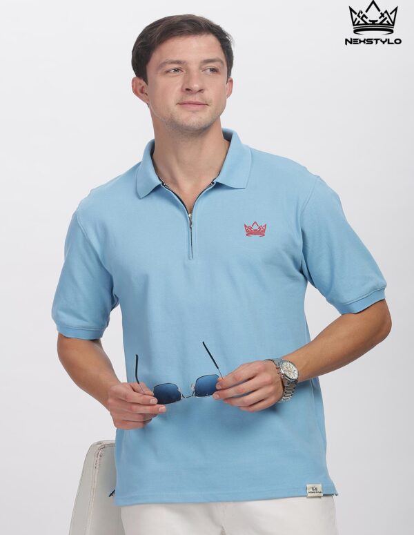 Sky blue Zipper Polo T-shirt