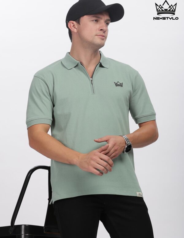 Olive green Zipper Polo T-shirt