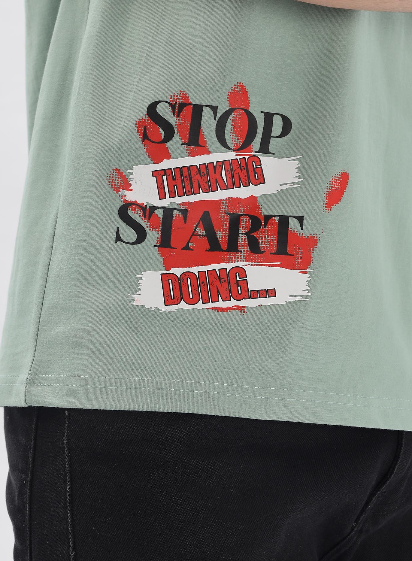 Olive Green Slim Fit Stop Thinking Start Doing... - Image 4