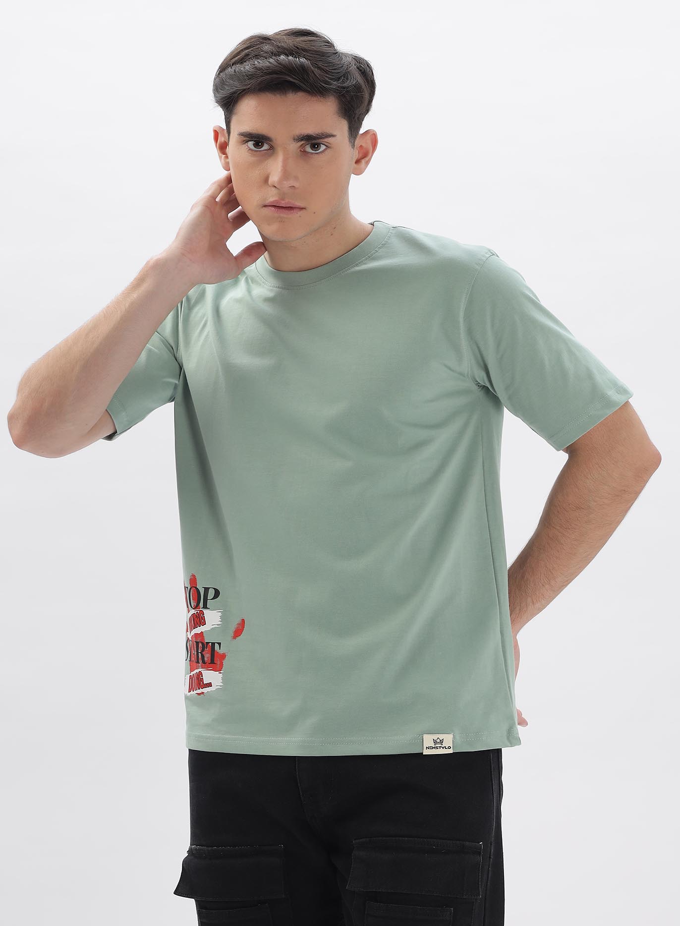 Olive Green Slim Fit Stop Thinking Start Doing... - Image 3